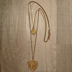 Women's Geometric Teardrop Gold Tone Double Strand Textured Sparkly Necklace